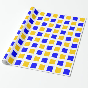 Papier Cadeau Carrés - Bleu et orange sur blanc
