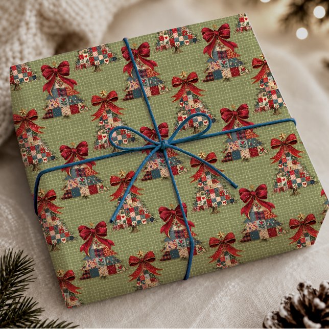 Papier Cadeau Carrés de Noël en patchwork vert Coquette (Créateur téléchargé)