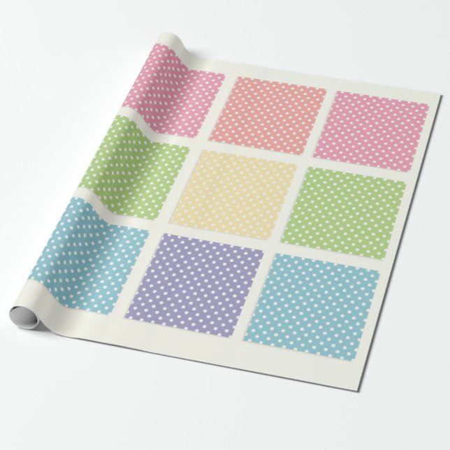 Papier Cadeau Carrés de Polka Dot, Pastel (Déroulé)