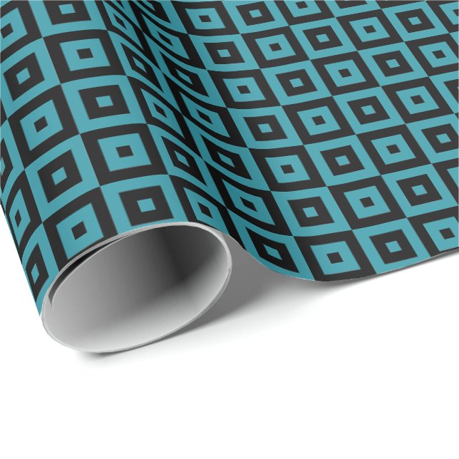 Papier Cadeau Carrés géométriques Art déco sarcelle et noir (Coin rond)
