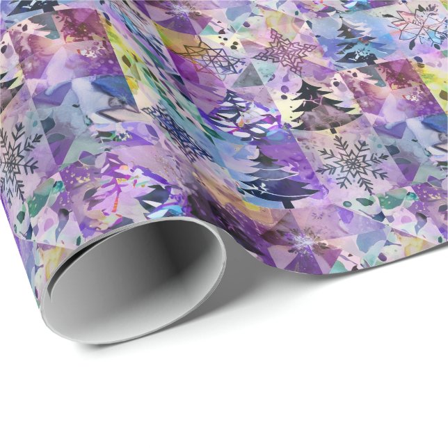 Papier Cadeau Carrés patchwork violets motif arbre de Noël (Coin rond)