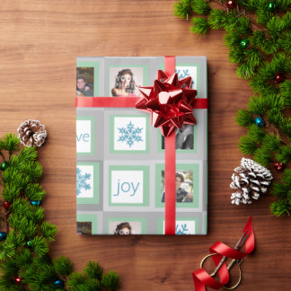 Papier Cadeau Carrés verts à la menthe photo personnalisée Noël