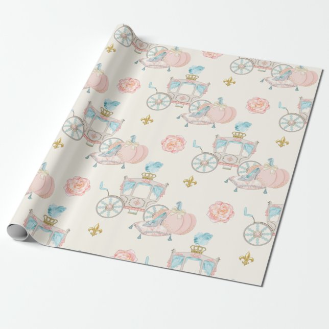 Papier Cadeau Carrosse de conte de fées Royal Fleur or rose blus (Déroulé)