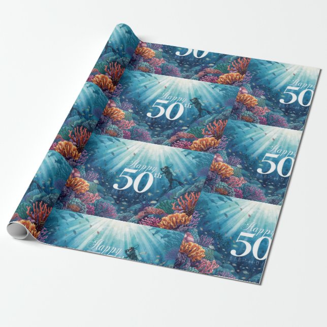 Papier Cadeau Carte d'anniversaire sous-marine pour 50 ans de pl (Déroulé)