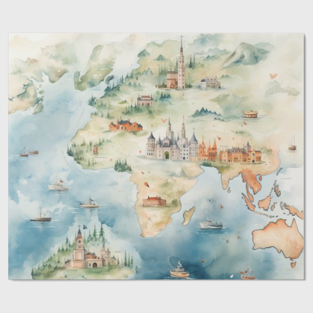 Papier Cadeau Carte de voyage à l'aquarelle (Plat)