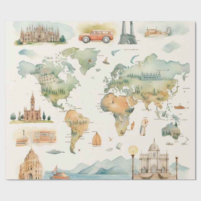 Papier Cadeau Carte de voyage à l'aquarelle (Plat)
