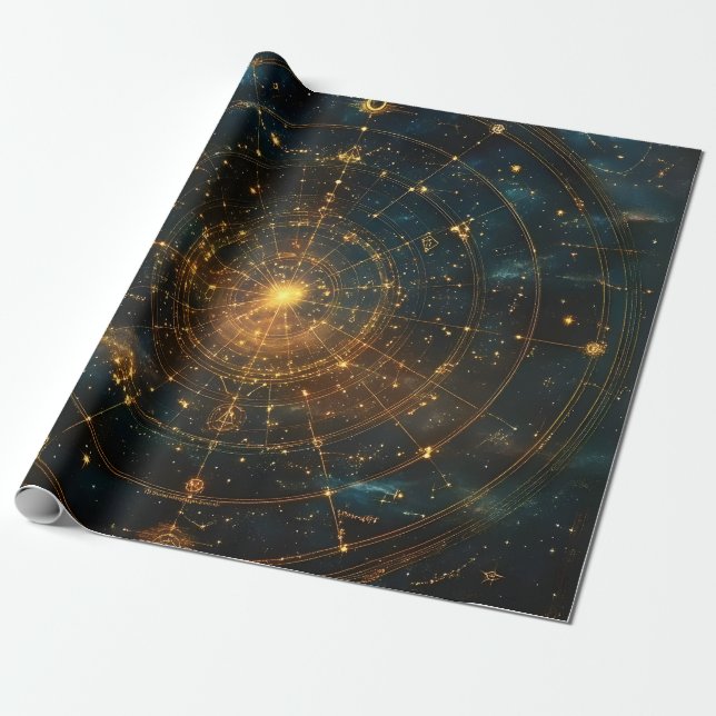 Papier Cadeau Carte des étoiles célestes d'or (3) (Déroulé)