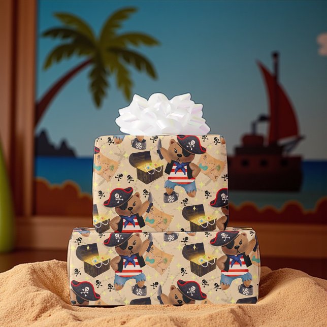 Papier Cadeau Carte des trésors de l'Ours Pirate (Cute pirate bear gift wrap with maps and treasure chests, perfect for kids’ pirate party presents.)