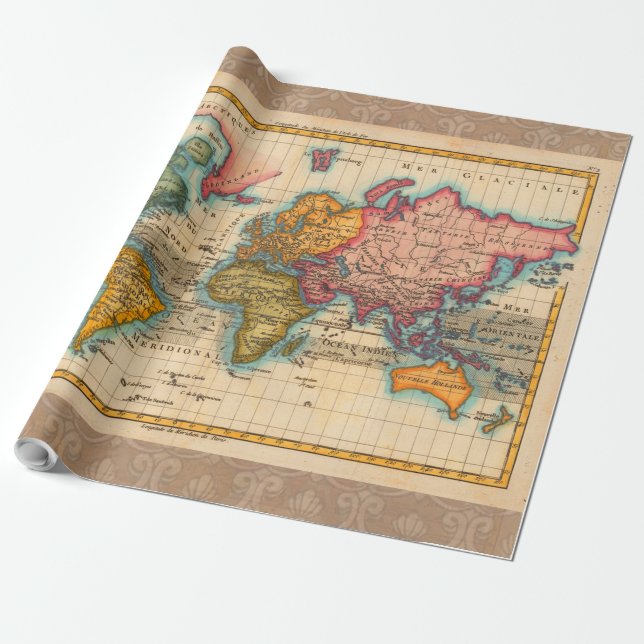 Papier Cadeau Carte du monde 1700s Antique Continents (Déroulé)