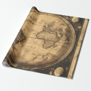 Papier Cadeau Carte du monde antique sepia Gravure vintage