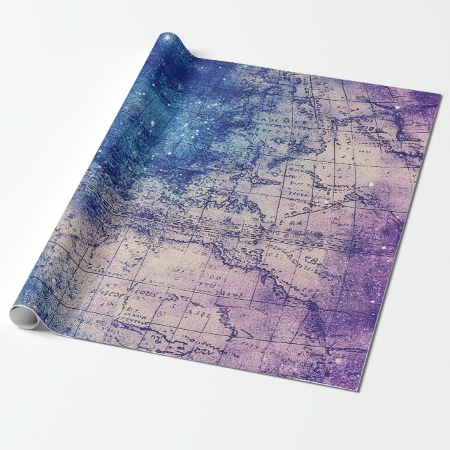 Papier Cadeau Carte du monde céleste violet mystique (Déroulé)