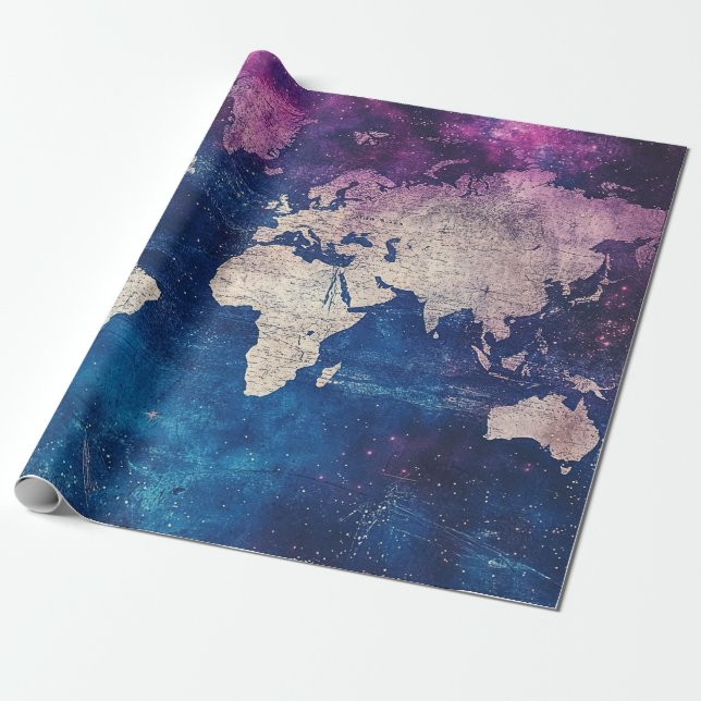 Papier Cadeau Carte du monde céleste violette de la Renaissance (Déroulé)
