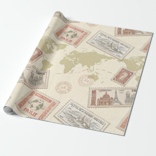 Papier Cadeau Carte du monde de timbres-poste vintage Voyage (1)