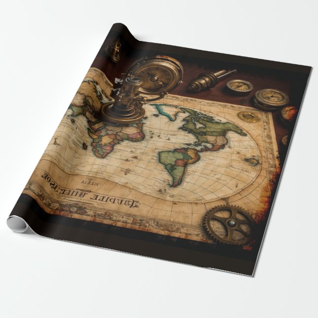 Papier Cadeau Carte du monde Steampunk Olde (Déroulé)