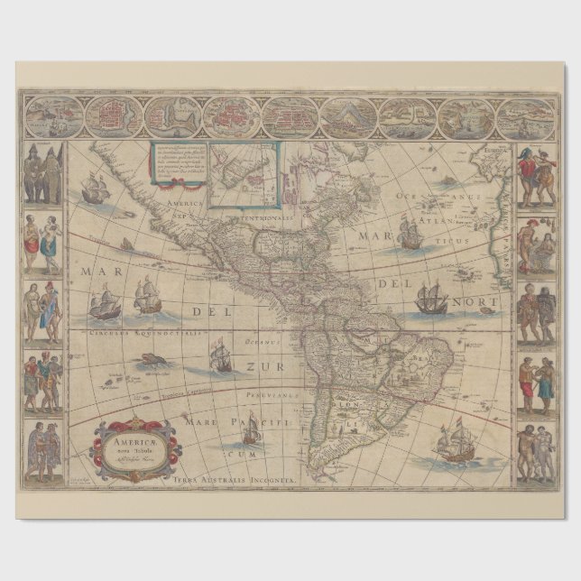 Papier Cadeau Carte historique des continents américains (Plat)