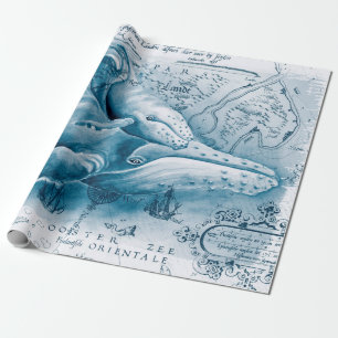 Papier Cadeau Carte Vintage bleue des baleines