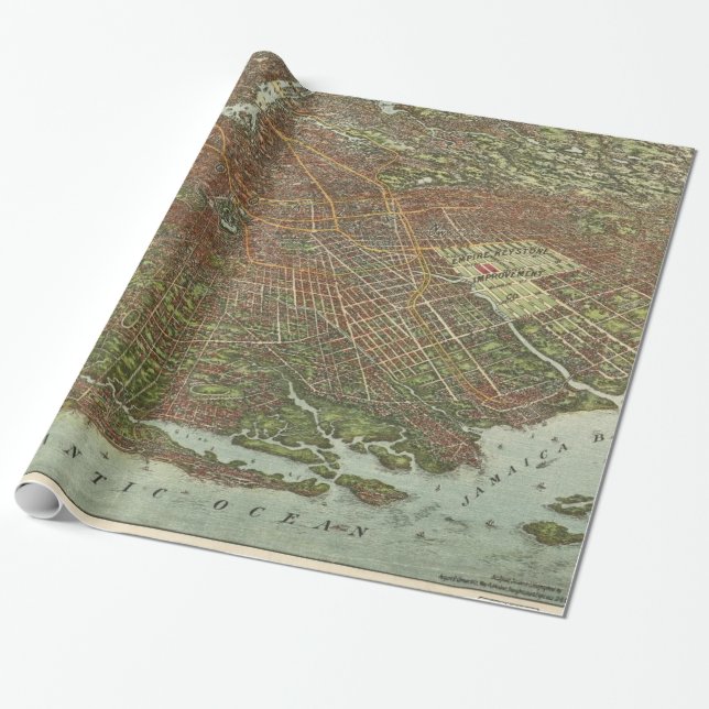 Papier Cadeau Carte vintage de Brooklyn NY (1908) (Déroulé)
