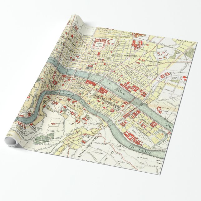 Papier Cadeau Carte vintage de Lyon France (1900) (Déroulé)