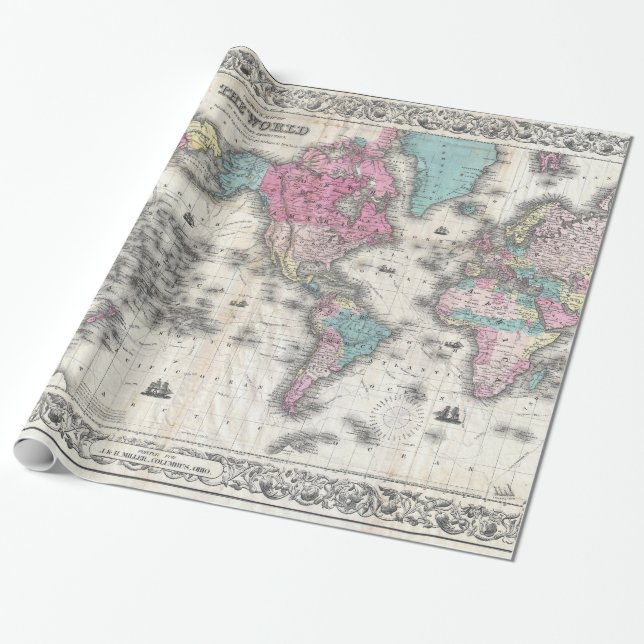 Papier Cadeau Carte vintage du monde (1852) (Déroulé)