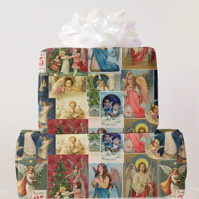 Papier Cadeau Cartes de Noël très anciennes avec collage d'anges (Créateur téléchargé)