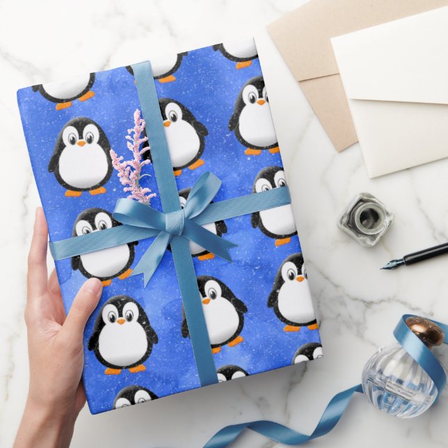 Papier Cadeau Carton en pingouin sur mesure Aquarelle bleu hiver (Cadeaux)