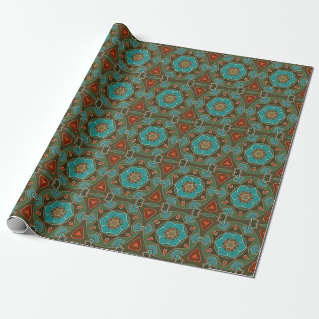 Papier Cadeau Carton Mandala Flower Blue et orange (Déroulé)