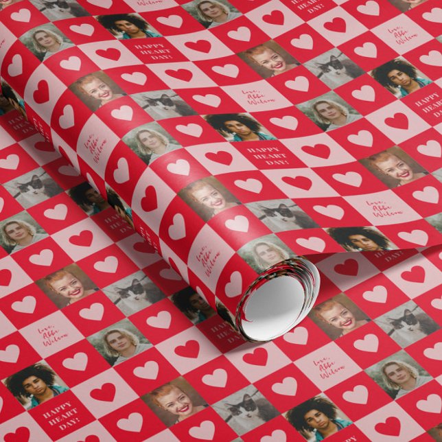 Papier Cadeau Carton rouge rose avec photos Valentine (red and pink checkerboard patterned gift wrap with hearts, four custom photos and personalized text)