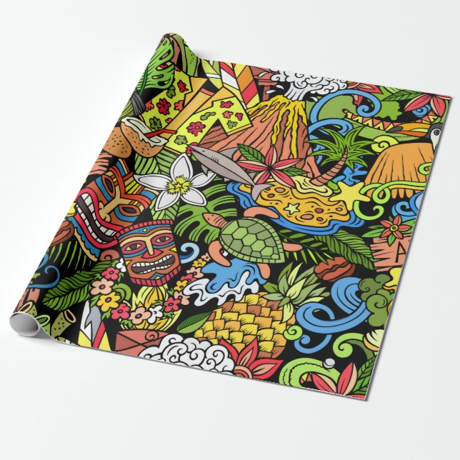 Papier Cadeau Cartoon doodles Hawaii seamless pattern. Backdrop  (Déroulé)