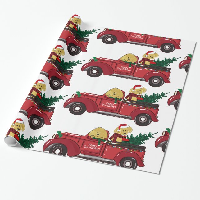 Papier Cadeau Cartoon Goldendoodles Camion de Noël Rouge (Déroulé)