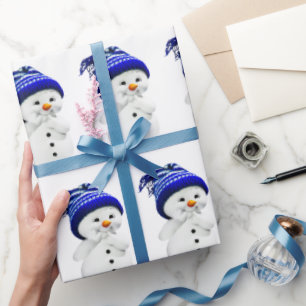 Papier Cadeau Cartoon Snowman en Casquette de laine bleu et blan