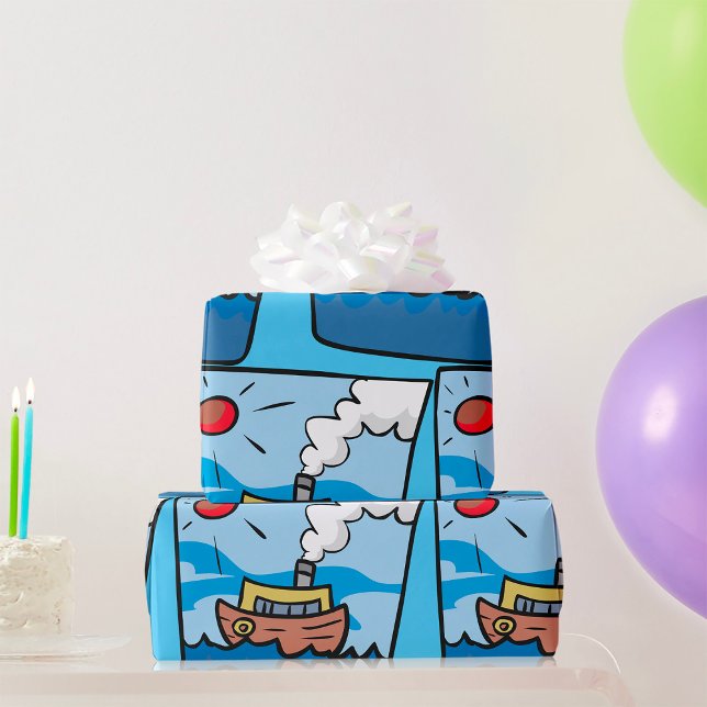 Papier Cadeau Cartoon Steamship sur Ocean Waves Art nautique (Créateur téléchargé)