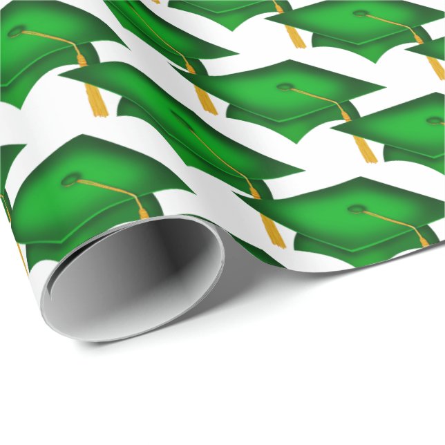 Papier Cadeau casquettes de graduation verte avec goût or (Coin rond)