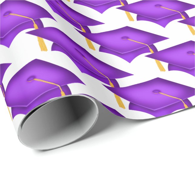 Papier Cadeau casquettes de graduation violet avec goût d'or (Coin rond)
