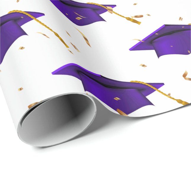 Papier Cadeau Casquettes de graduation violette et Confetti or (Coin rond)