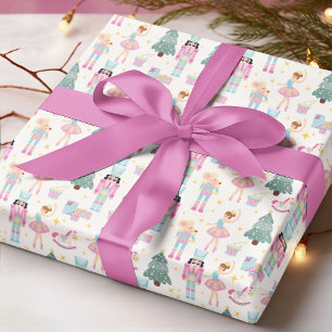 Papier Cadeau Casse-Noisette Rose Bleu Ballerine de Noël 