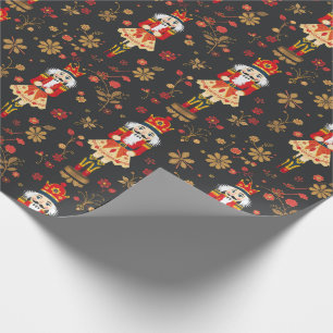 Papier Cadeau Casse-Noisette Traditionnel Floral Rouge Brun