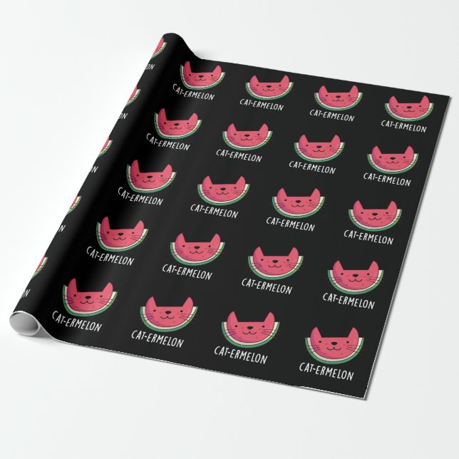 Papier Cadeau Cat-ermelon Funny Cat Watermelon Pun Dark BG (Déroulé)