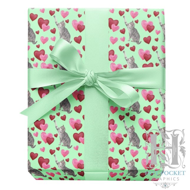 Papier Cadeau Cat Hearts Valentine Gift Wrapping Paper - Green (Créateur téléchargé)