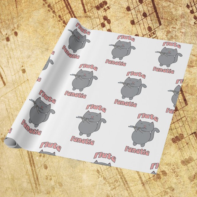 Papier Cadeau Cat Playing Flute Fanatic Funny Music Lover (Wrapping paper featuring a gray cat playing the flute and the words flute fanatic.)