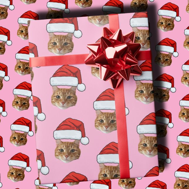 Papier Cadeau Cat Santa Hat | Photo personnalisée Pink Noël (Créateur téléchargé)