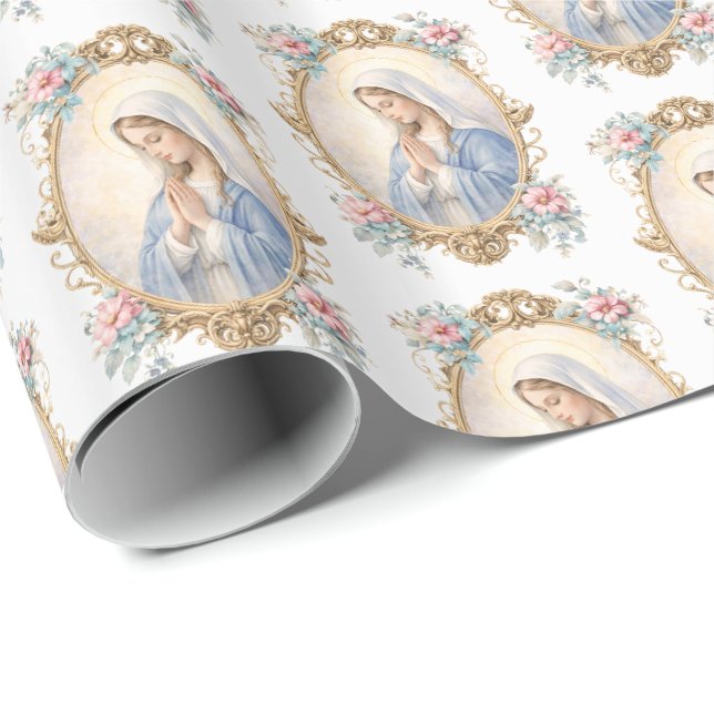 Papier Cadeau Catholicité Bienheureuse Mère Marie Florale Religi (Coin rond)