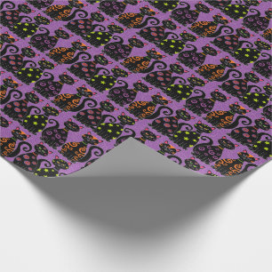 Papier Cadeau Cats noirs mignons Motif d'Halloween violet blanc