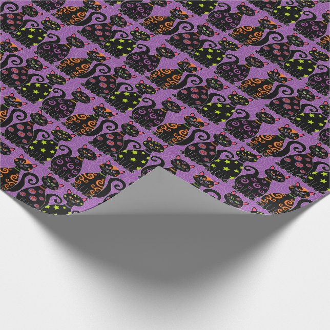 Papier Cadeau Cats noirs mignons Motif d'Halloween violet blanc (Coin)