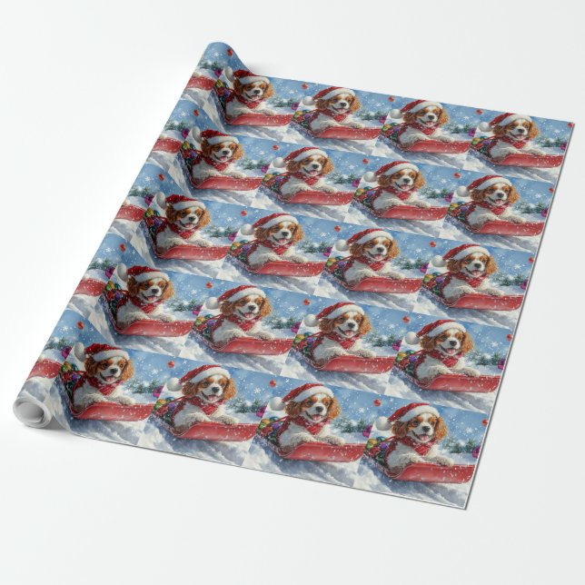 Papier Cadeau Cavalier King Charles Spaniel Traîneau de Noël (Déroulé)
