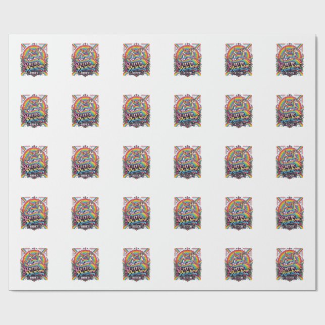 Papier Cadeau Cavalier Licorne Arc-en-Ciel Rétro (Plat)