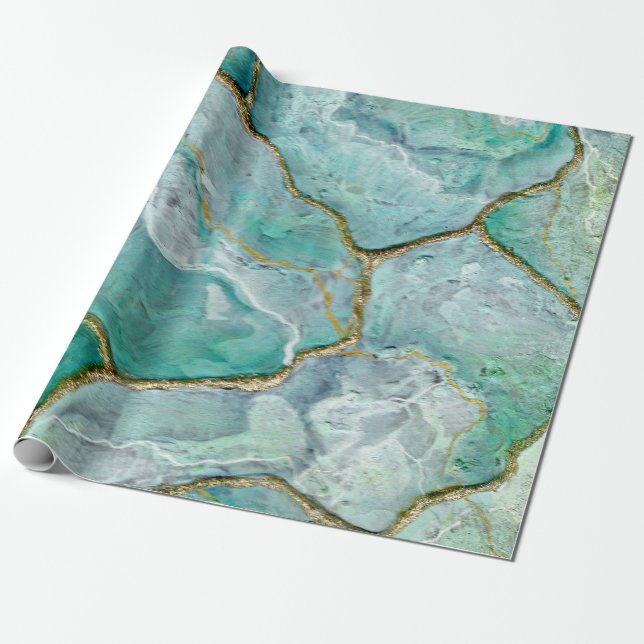 Papier Cadeau Celadon Green, Jade, Mint Kintsugi Geode (Déroulé)