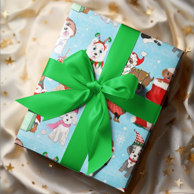 Papier Cadeau Célébration des chiens de Noël  (Paw-some Christmas spirit with 11 adorable dogs, wagging tails and joy!)