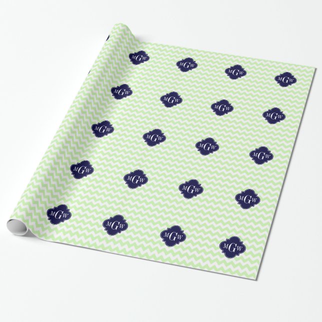 Papier Cadeau Celery Wht Chevron Navy Blue Quatrefoil 3 monogram (Déroulé)