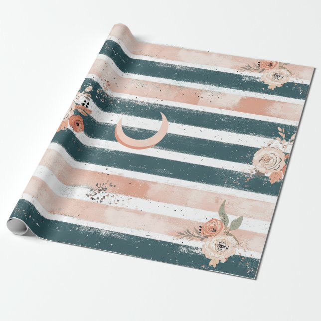 Papier Cadeau Céleste Rustique Rayure Lune Soleil Terreuse (3) (Déroulé)