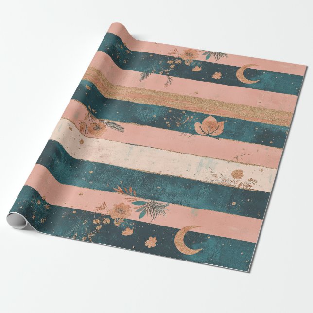 Papier Cadeau Céleste Rustique Rayure Lune Soleil Terreux (6) (Déroulé)